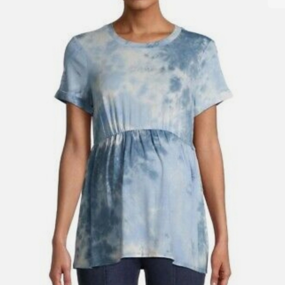 Maternity BLUE Tie Dye Short Sleeve Babydoll Shirt Top Sz Medium 8-10 Time & Tru